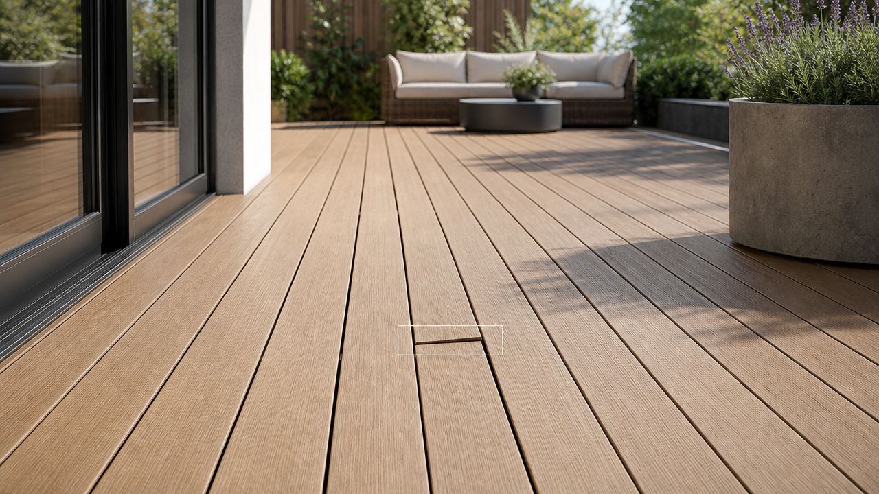 En moderne terrasse i kompositmateriale med en integreret stikkontakt i dækket ved siden af loungemøbler og planter.