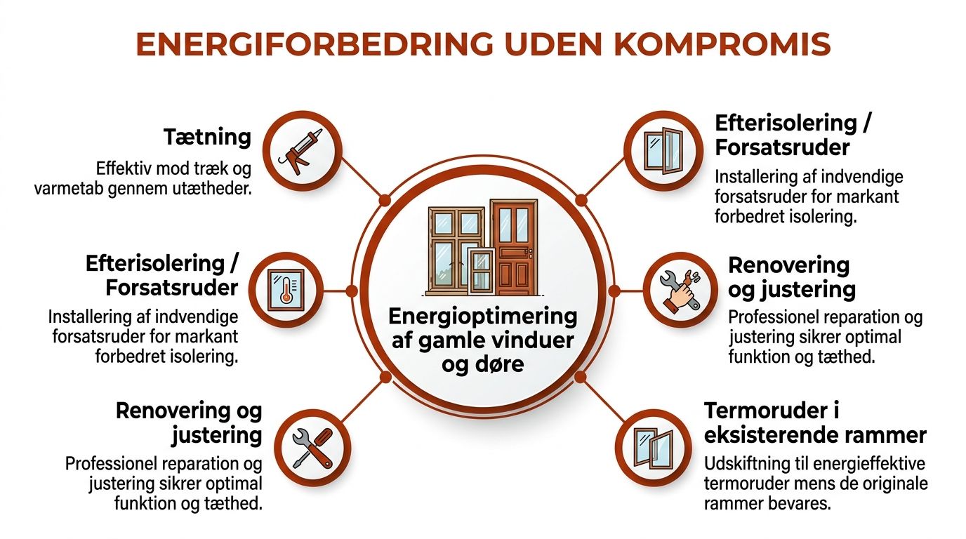 Grafik der viser forskellige metoder til energioptimering af gamle vinduer og døre for bedre isolering.