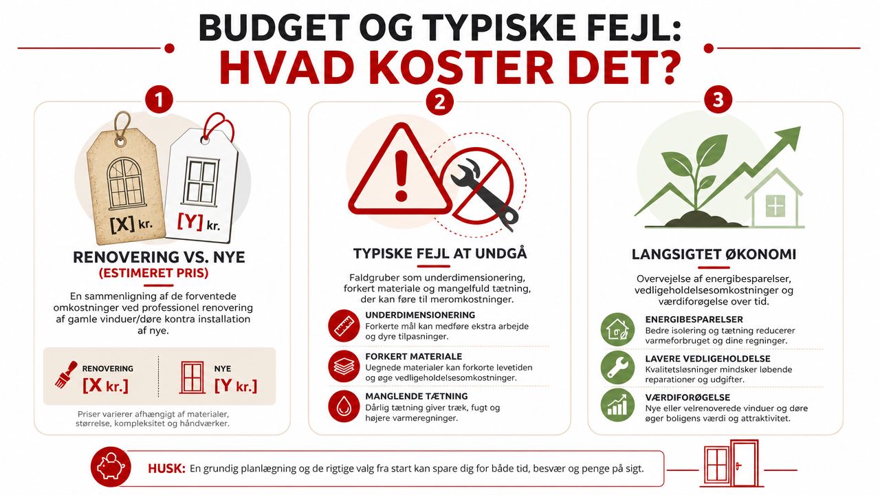Infografik om økonomiske overvejelser, typiske fejl og langsigtede fordele ved renovering eller udskiftning af gamle vinduer og døre.