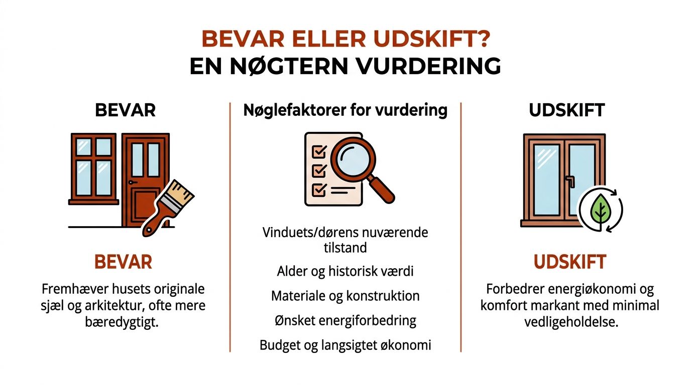 En grafisk oversigt der sammenligner fordele ved at bevare versus udskifte gamle døre og vinduer i boligen.