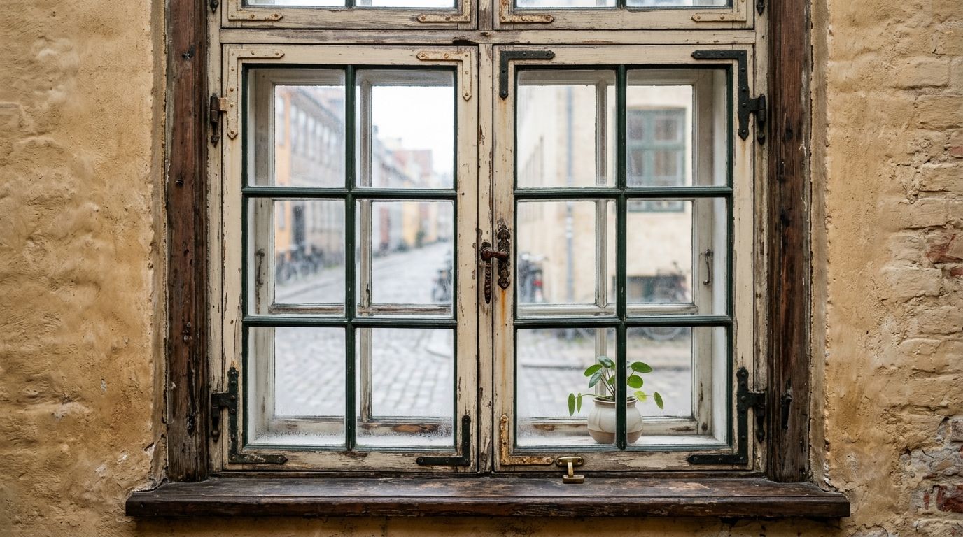 Et rustikt gammelt vindue med sprosser og en lille grøn plante på vindueskarmen i en murstensvæg.