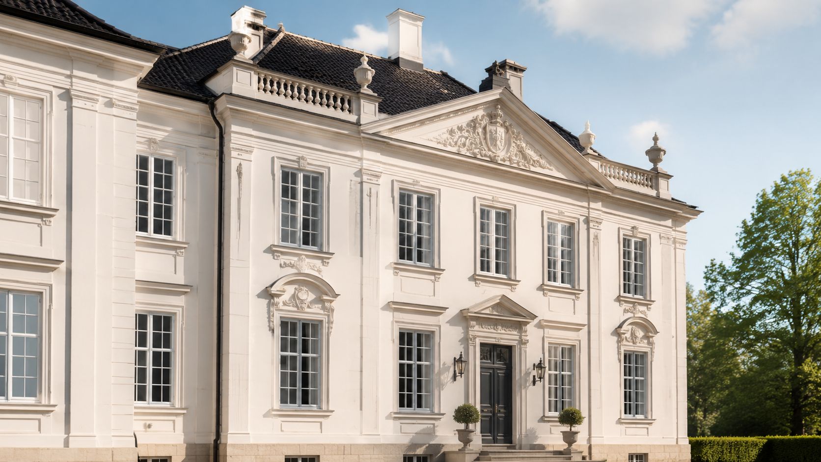 En historisk, fredet herregård med hvid facade og detaljerede arkitektoniske dekorationer under en klar blå himmel.
