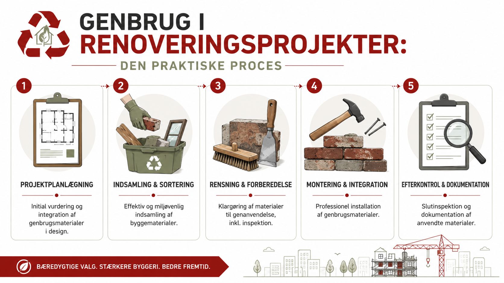 En procesmodel med fem trin, der viser hvordan byggematerialer genbruges effektivt i professionelle renoveringsprojekter og byggeopgaver.