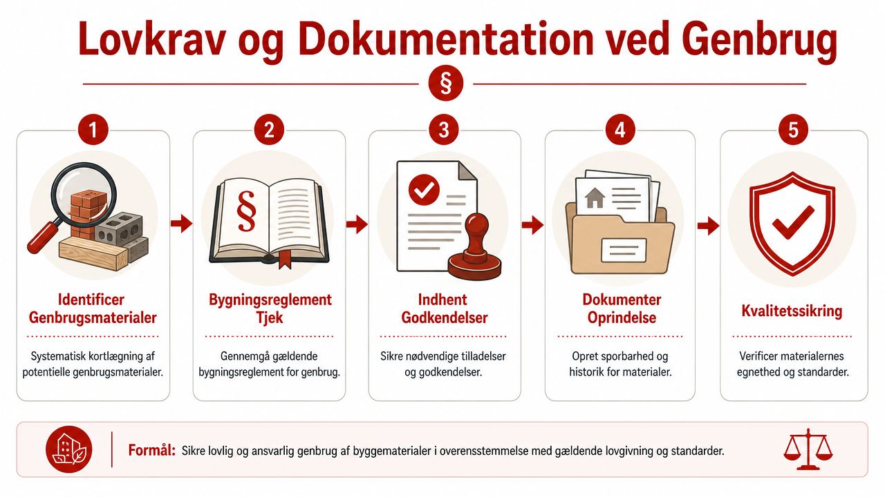 En infografik der illustrerer de fem trin for lovkrav og korrekt dokumentation ved genbrug af byggematerialer.