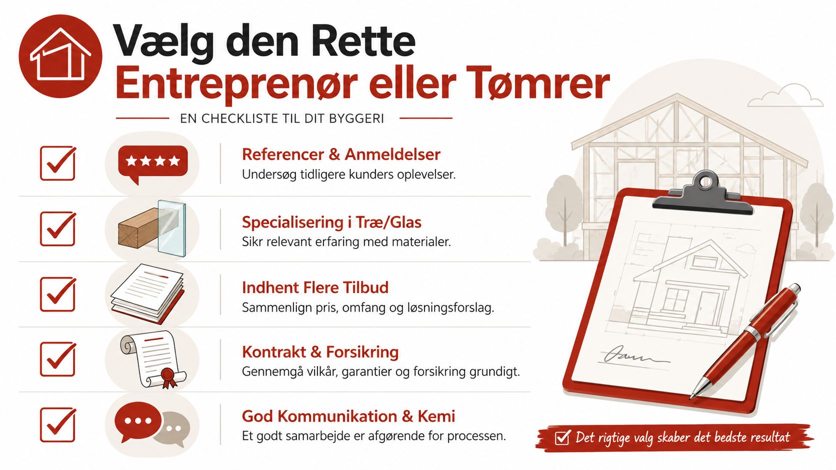 En checkliste til valg af den rette entreprenør eller tømrer til dit byggeprojekt i træ og glas.