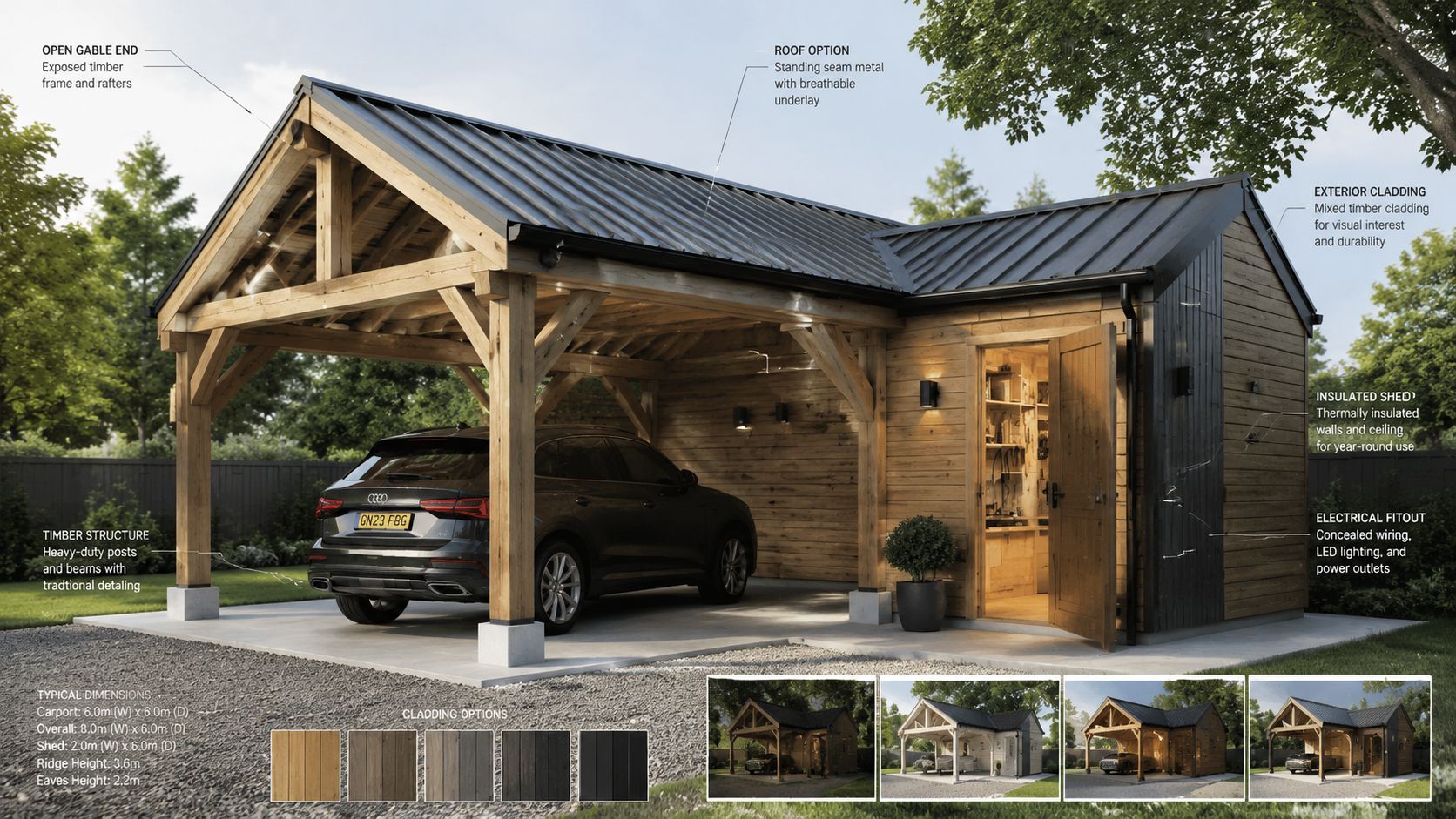 Moderne carport med integreret isoleret skur i trækonstruktion, designet til parkering og opbevaring i haven.