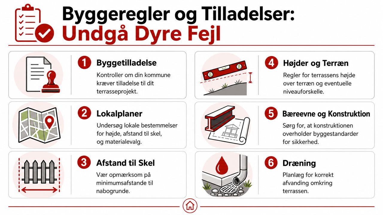 Infografik med seks vigtige punkter om byggeregler og tilladelser ved opførelse af en ny træterrasse.