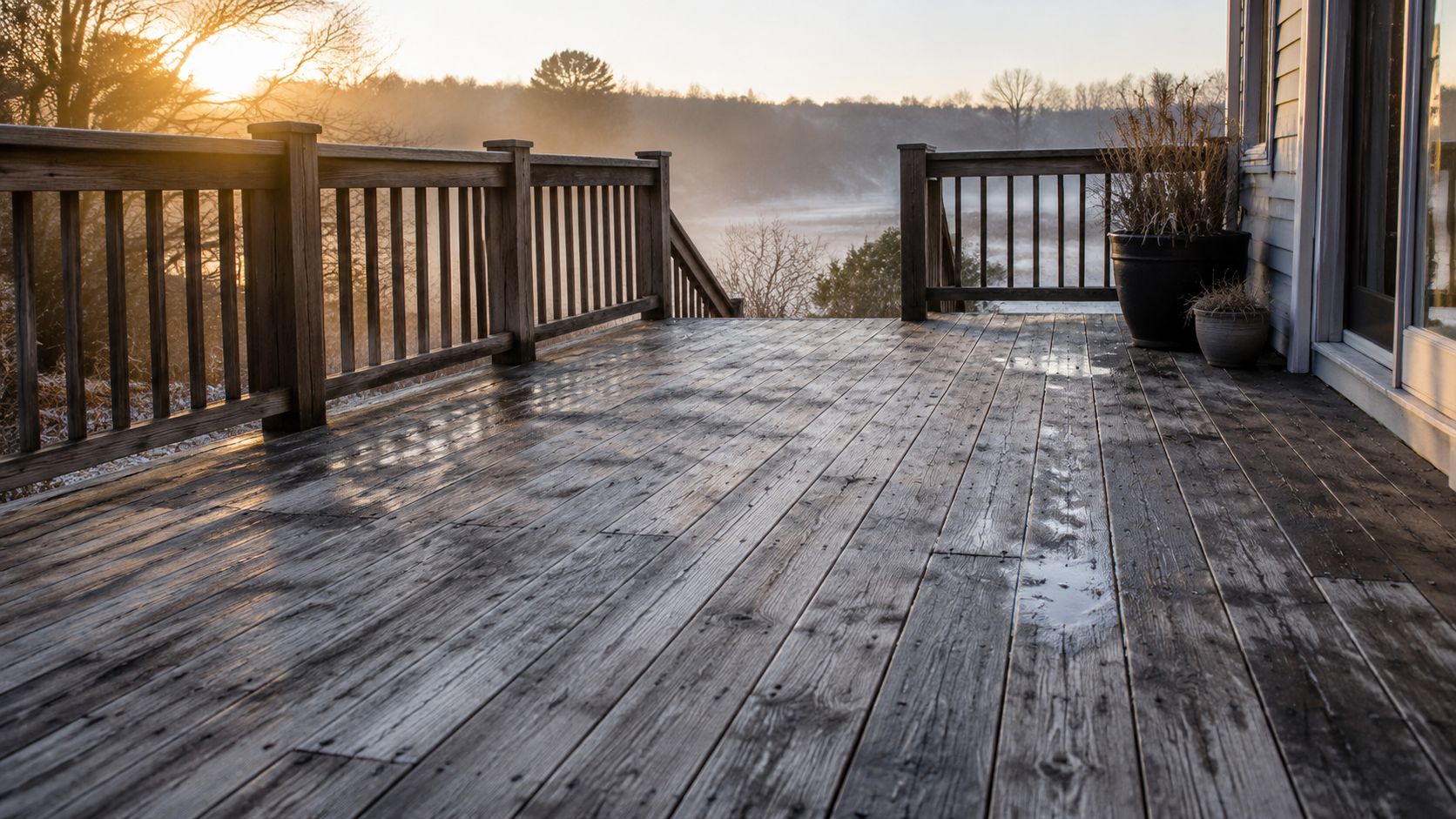 En flot træterrasse ved solopgang med morgendis og frost på brædderne i en rolig have.