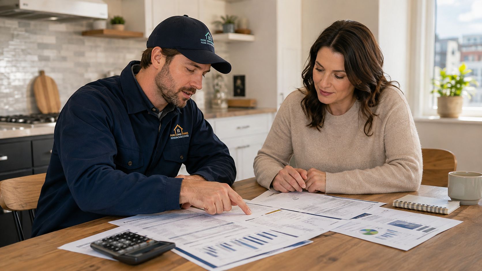 En professionel håndværker diskuterer et tilbud på renovering af boligen med en kvindelig kunde ved et køkkenbord.