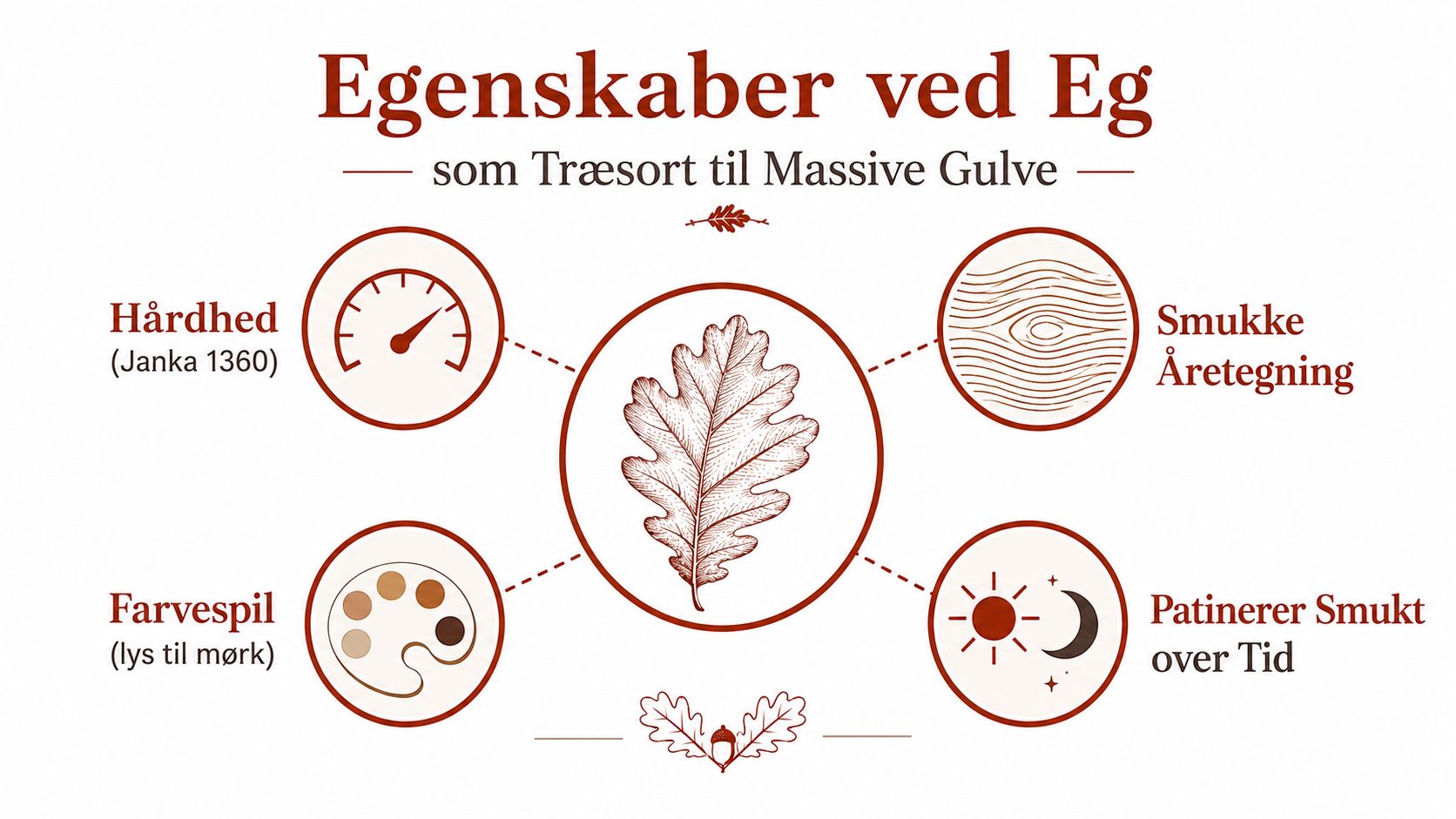 En grafisk oversigt der beskriver egenskaberne ved eg som træsort til brug til massive trægulve i boligen.