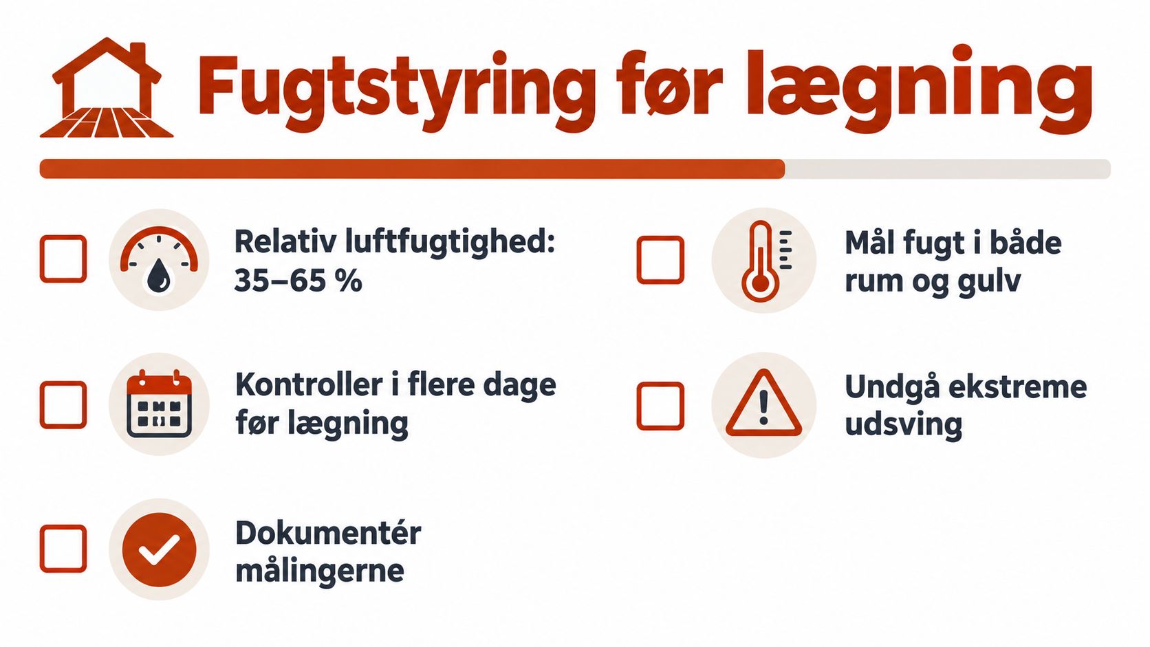 Tjekliste til korrekt fugtstyring og måling af indeklima før lægning af trægulve i en bolig.