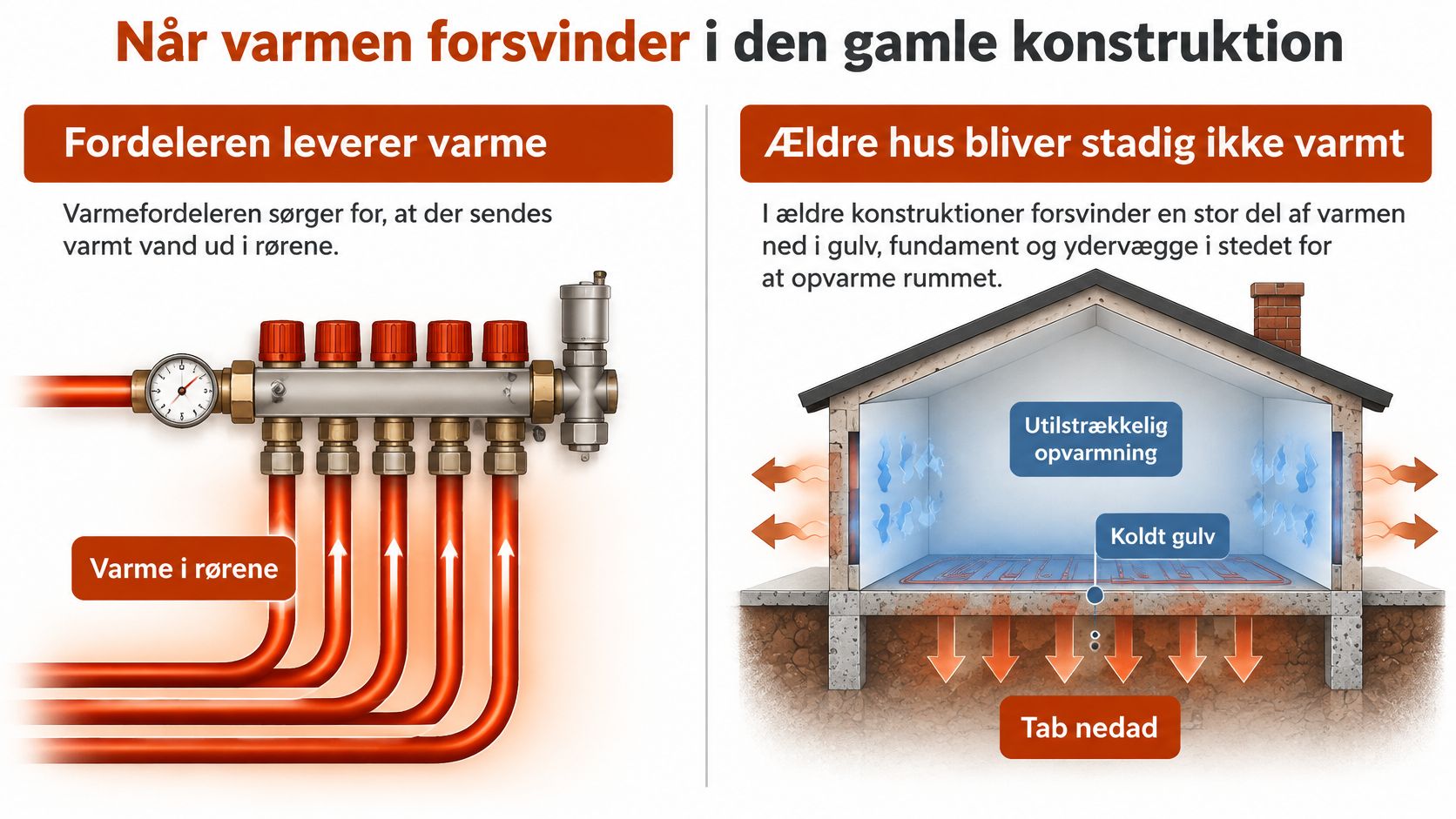 Illustration af gulvvarme i ældre huse, hvor varmen forsvinder ned i fundamentet frem for at opvarme rummet.