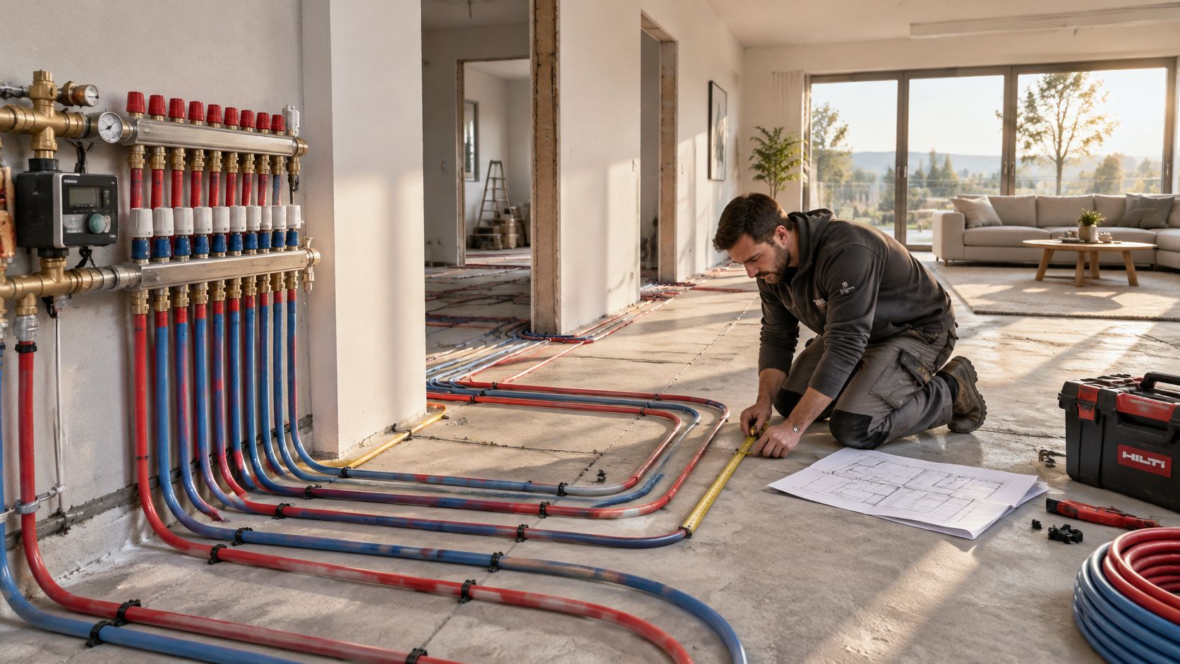 En professionel håndværker installerer gulvvarme med fordelerrør og måler præcist op i et nybygget moderne hus.