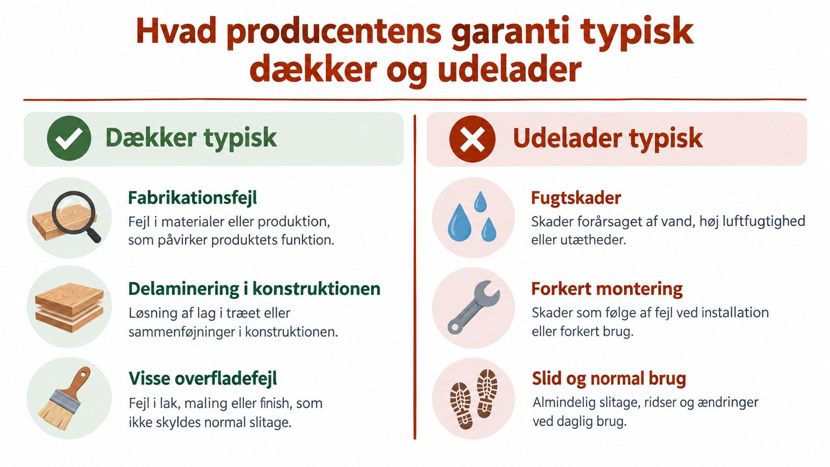 En infografik der viser hvad en typisk producentgaranti for trægulve dækker og hvad den udelader.