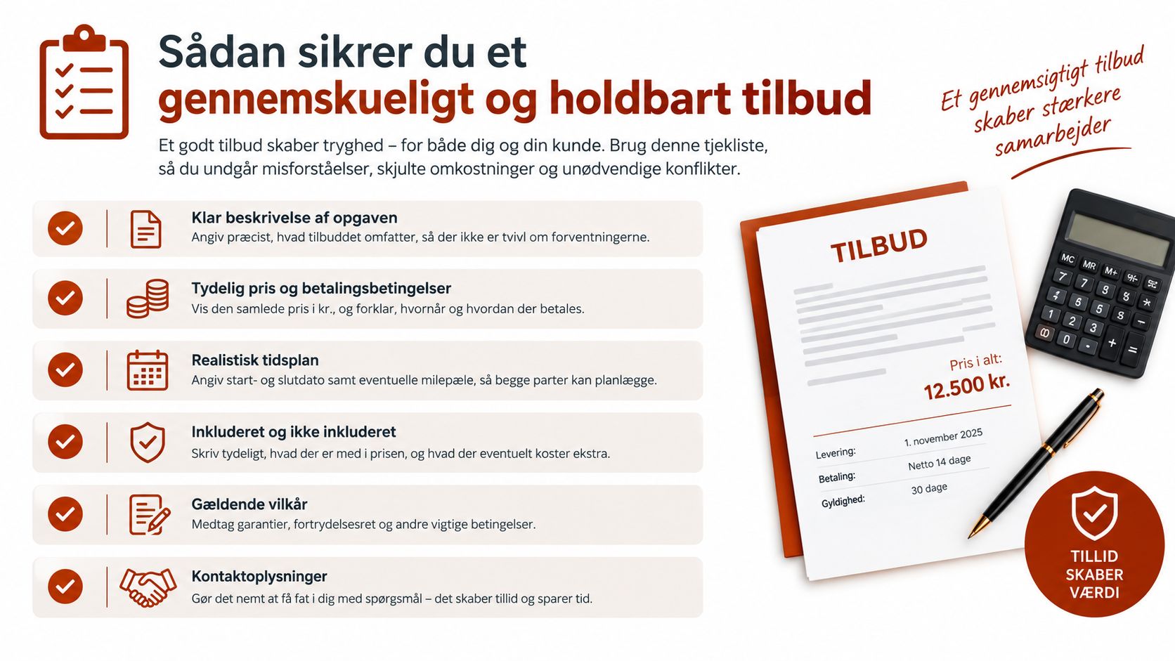 En tjekliste med seks punkter til hvordan man opstiller et gennemskueligt og professionelt tilbud til kunder.