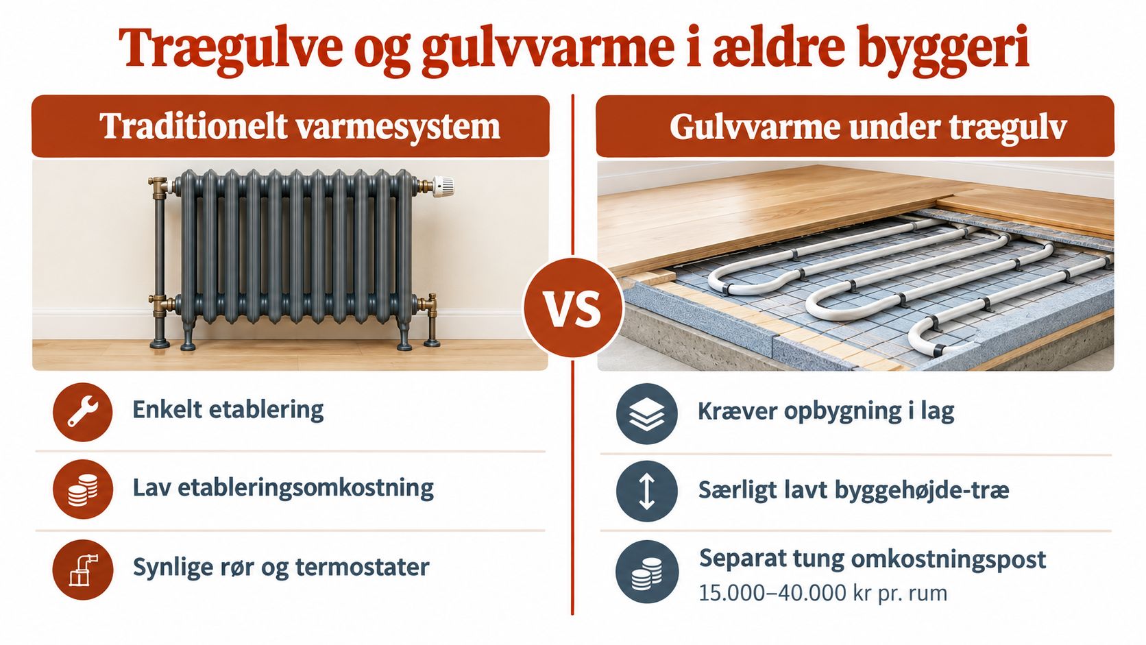 Sammenligning af traditionelle radiatorer og gulvvarme under trægulve i ældre boliger med fordele og ulemper beskrevet.